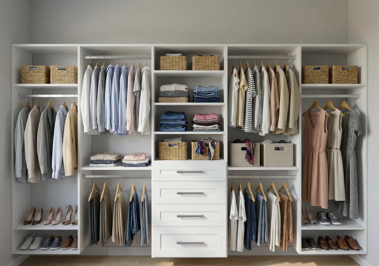 The same reach-in closet design brought to life as a realistic white melamine system, filled with hanging clothes, folded stacks, baskets and shoes