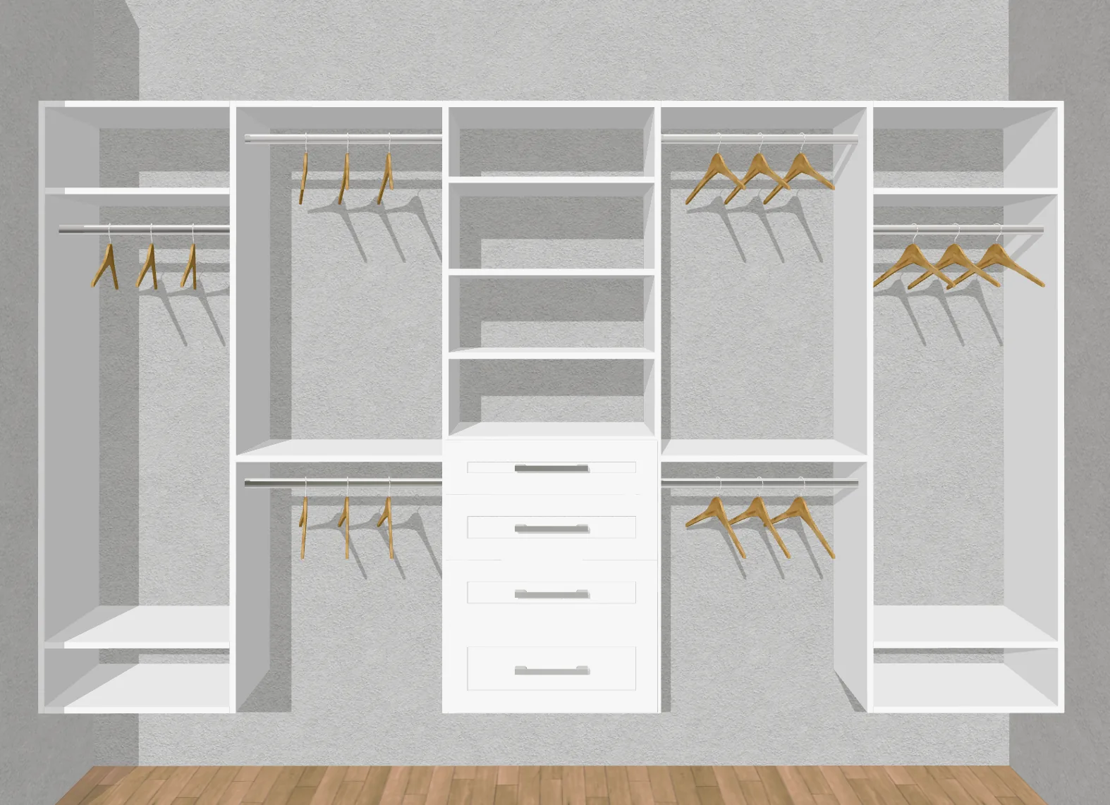 A true-to-scale 3D closet design of a white melamine reach-in system with double-hang sections, a four-drawer center tower and open shelving, drawn to the room's real measurements