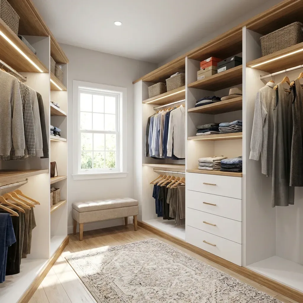 Bright, organized custom walk-in closet with white melamine cabinetry and warm wood accents in a normal family home