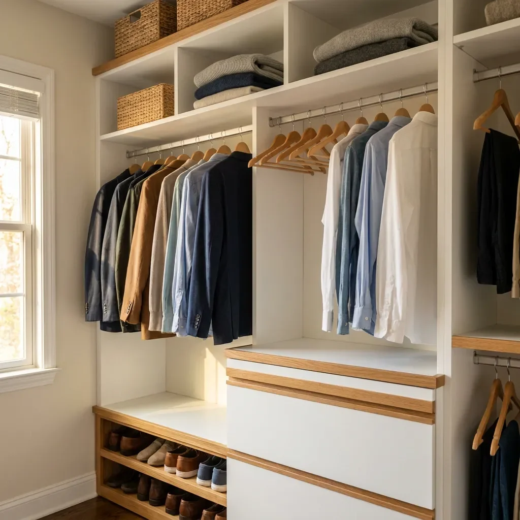 Affordable custom reach-in closet system in a Middle Tennessee home with white melamine shelves, soft-close drawers, a hanging rod and a built-in shoe shelf