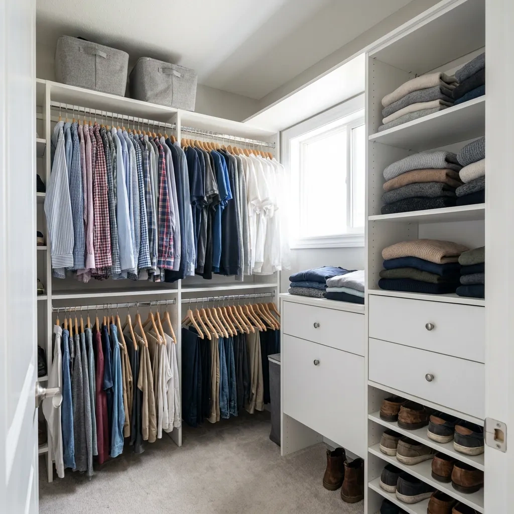 After: the same walk-in closet organized with an affordable custom closet system β double-hang rods, drawers, folded shelves and dedicated shoe storage