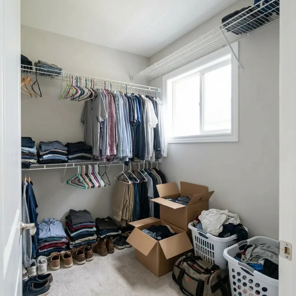 Before: a cluttered walk-in closet with a single wire shelf, overcrowded clothes, scattered shoes and cardboard boxes on the floor