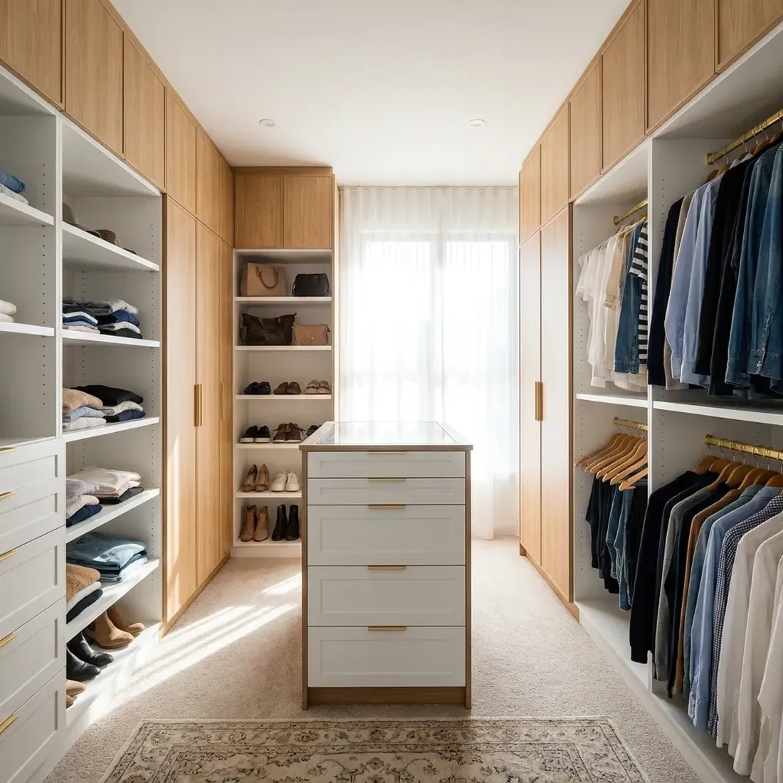 Bright custom walk-in closet showing a mix of storage styles — built-in cabinetry, open shelving, hanging sections, drawers and an island in warm oak and white