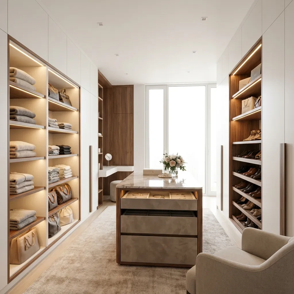 Luxury custom walk-in closet with white and walnut cabinetry, LED-lit shelves, an island and a shoe wall