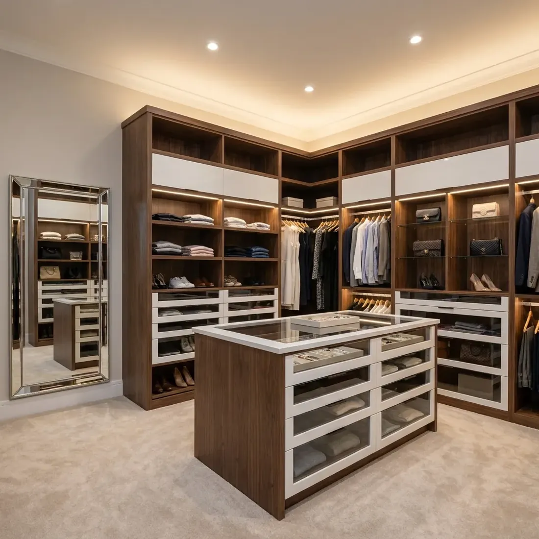 Luxury floor-based built-in walk-in closet with floor-to-ceiling walnut and white cabinetry, a center island, glass-front drawers, LED lighting and a full-length mirror