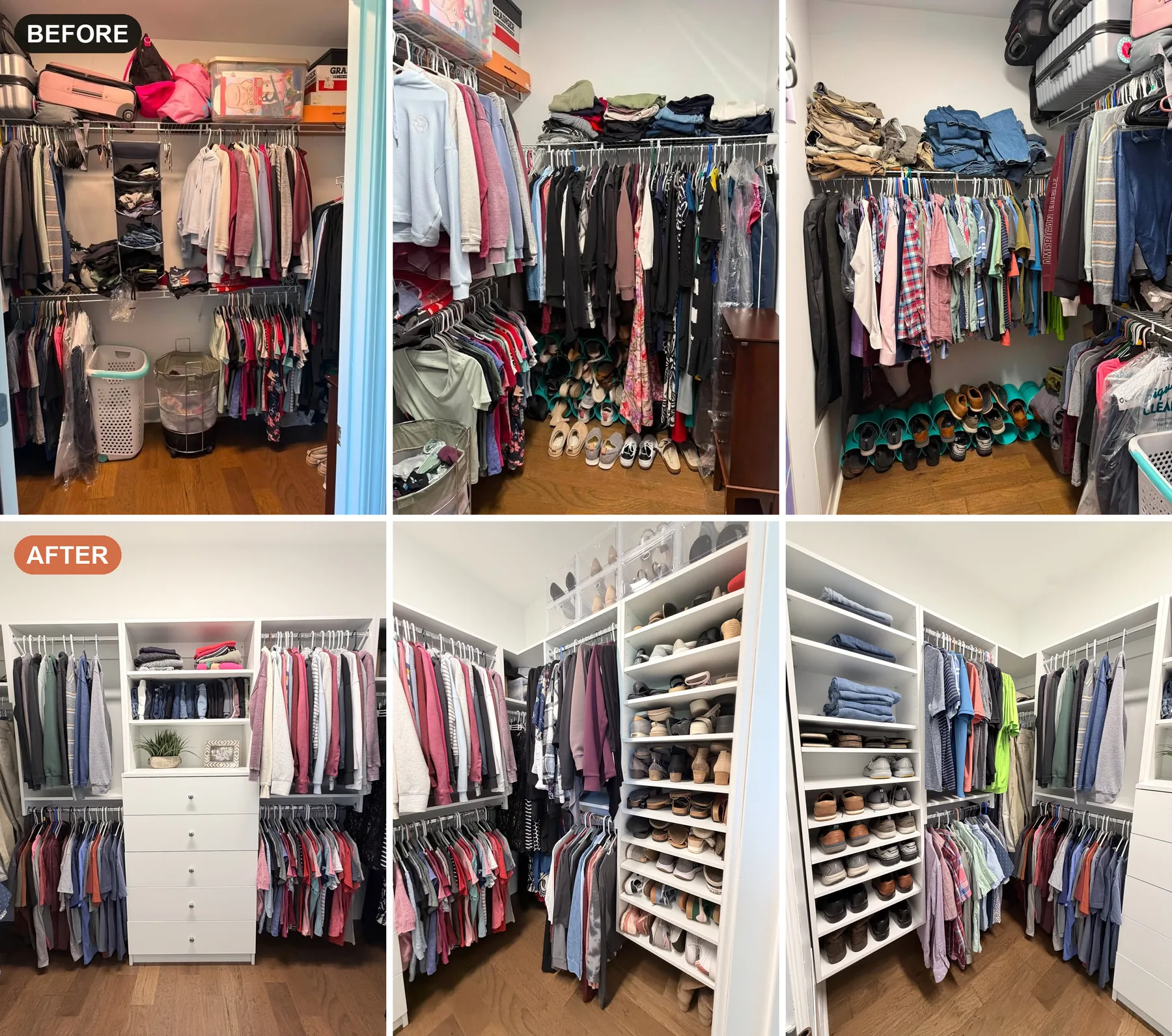 Before and after of a custom walk-in master closet — overflowing wire shelving replaced with white custom closet system featuring double-hang, shelving, drawers and a dedicated shoe wall