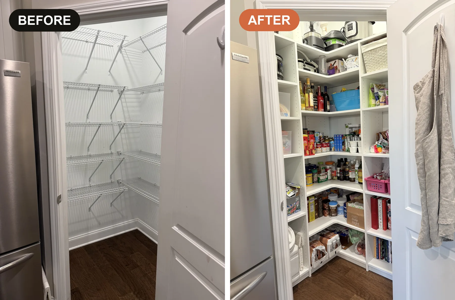 Before and after of a custom pantry makeover in Middle Tennessee — builder wire shelving replaced with white 3/4-inch furniture board shelving with adjustable corner shelves