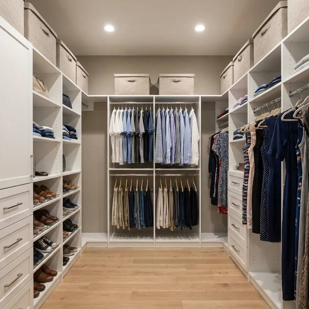 Large custom walk-in closet in white melamine with double-hang and long-hang sections, multiple drawer banks, angled shoe shelves full of shoes, and open shelving with storage bins over a light wood floor