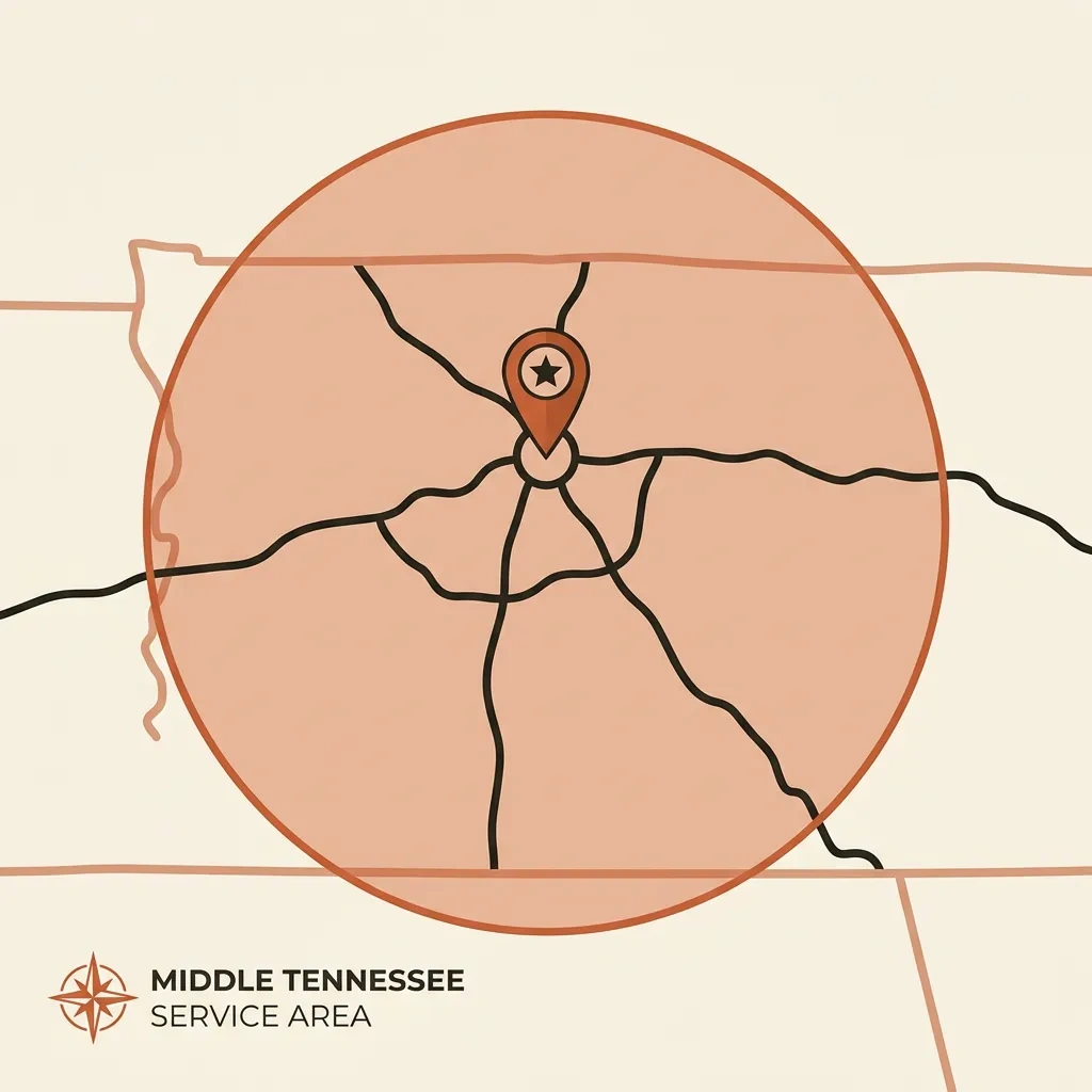 Map of National Closet Company's Middle Tennessee service area — a roughly 90-mile radius centered near Gallatin and Nashville