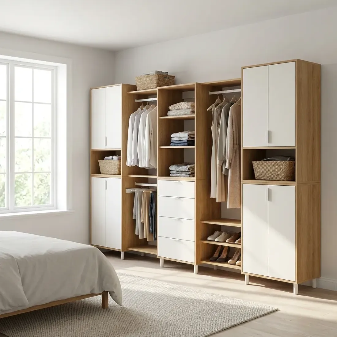 Affordable modular closet system with freestanding oak and white cabinets, adjustable shelves, hanging rods, drawers and shoe storage in a bright bedroom