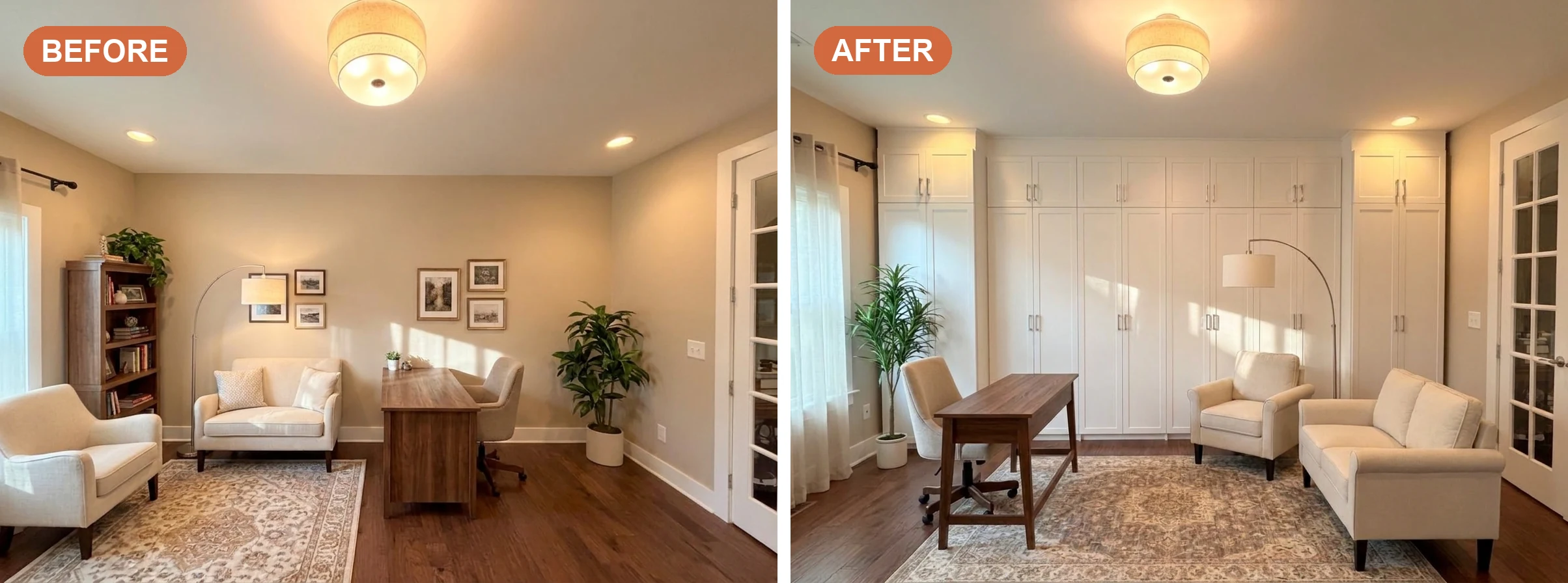 Before and after of a home office in a Middle Tennessee home — a plain empty wall transformed into a floor-to-ceiling white Shaker-style built-in storage wall with upper cabinets