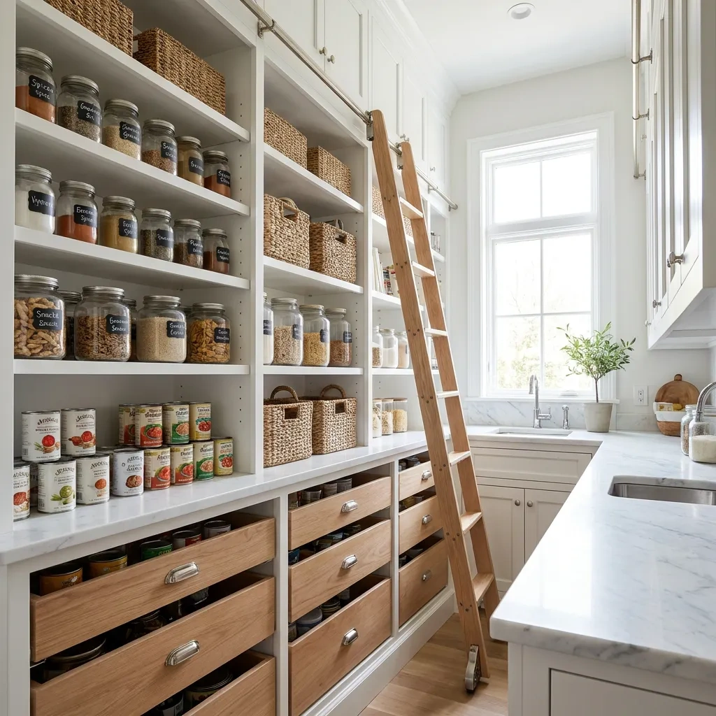 Organized custom kitchen pantry with white shelving, pull-out drawers, labeled jars and woven baskets