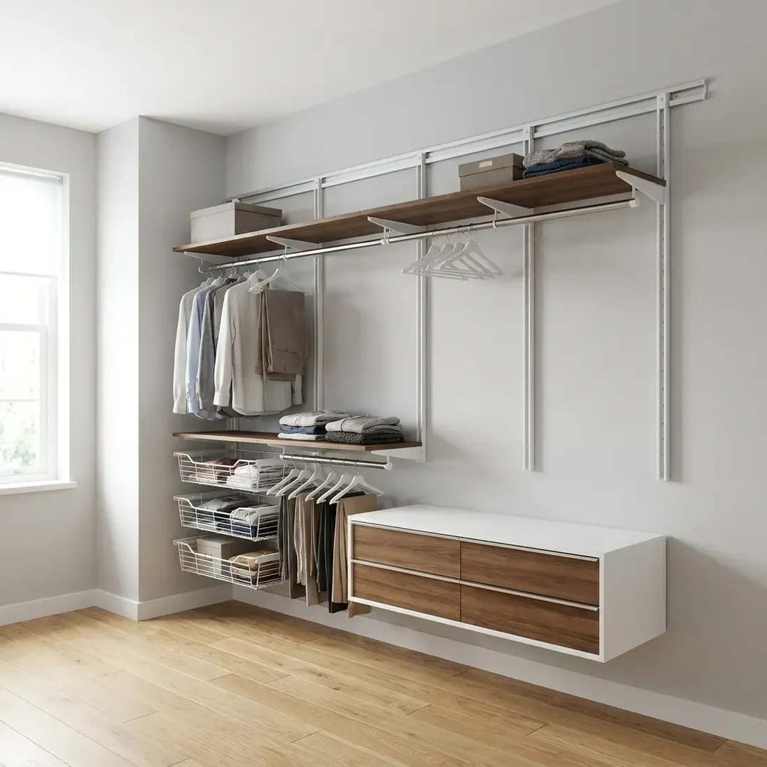 Wall-mounted rail closet system with a top hang track, vertical uprights and adjustable brackets holding wood shelves, hanging rods, wire baskets and a floating drawer unit