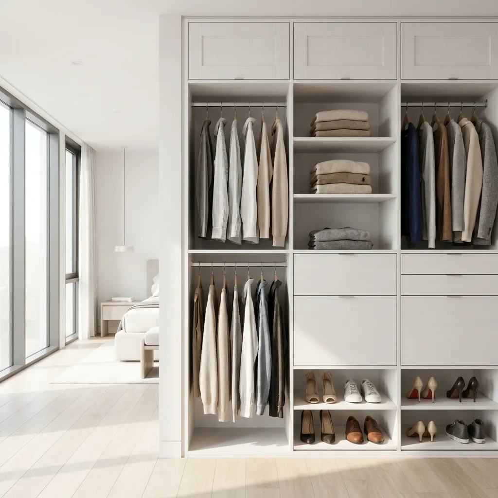 Custom reach-in closet with double-hang rods, shelves and shoe storage built into a bright modern bedroom