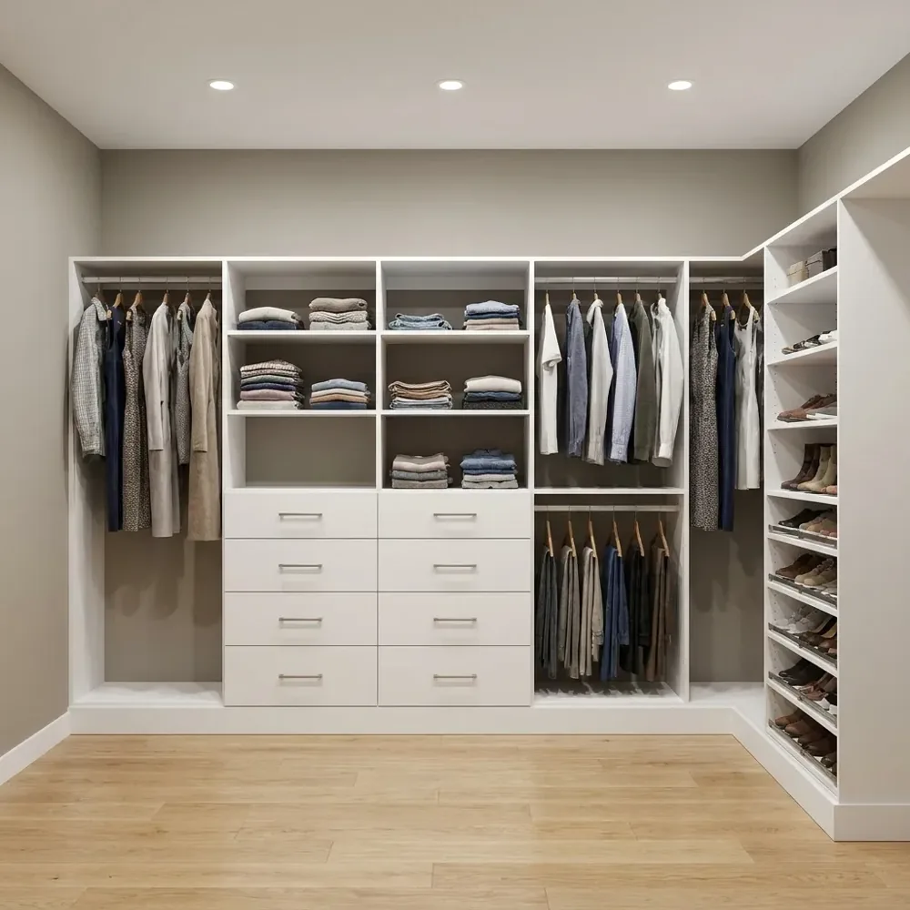 Floor-based floor-standing custom closet in white melamine resting on the floor with a toe-kick base