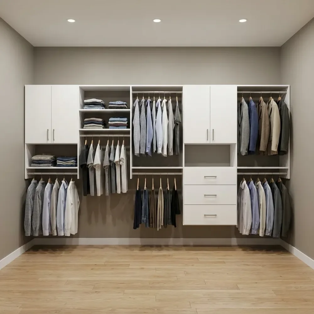 Wall-mounted floating custom closet in white melamine with an open floor visible beneath every cabinet
