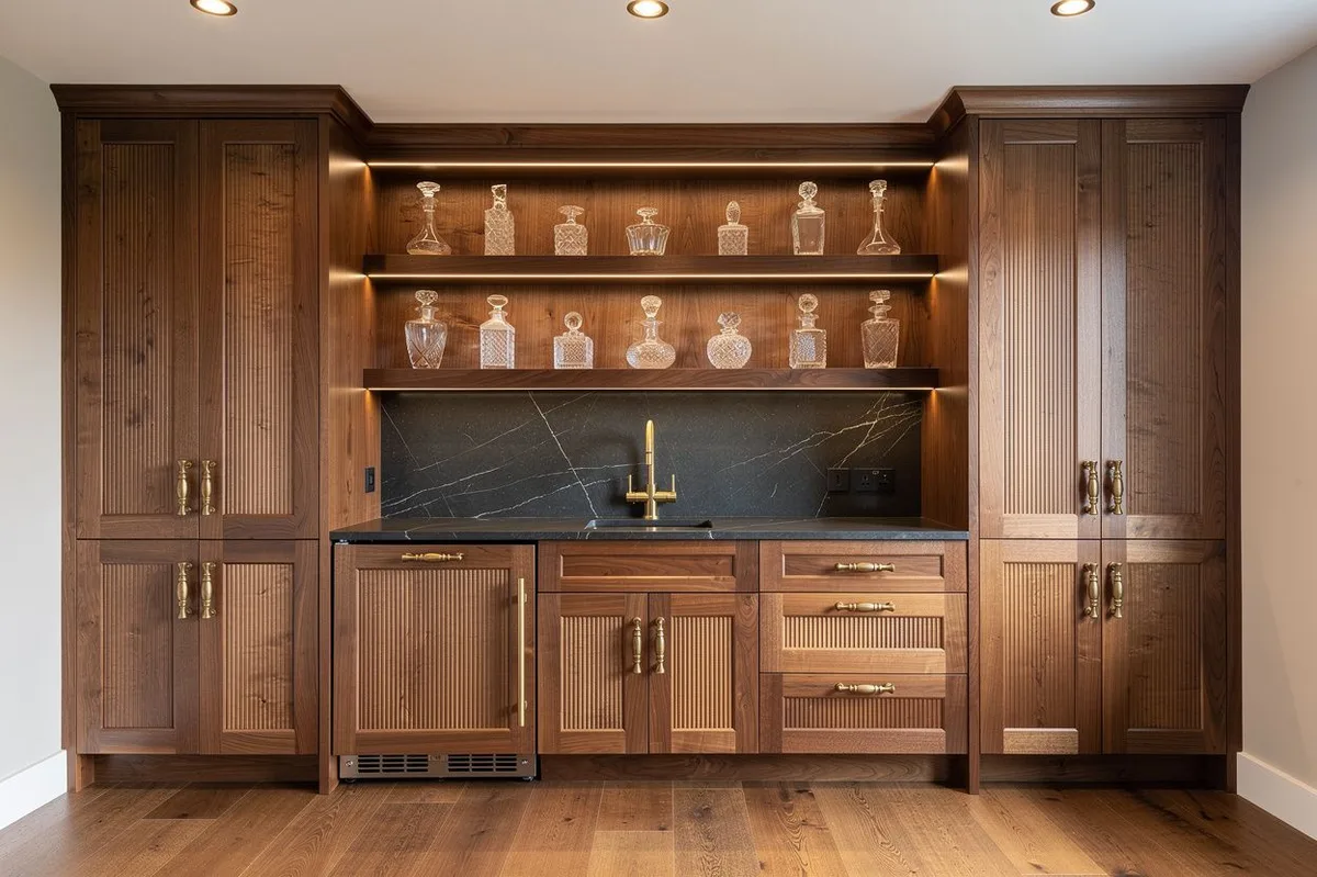 Butler’s bar in walnut cabinetry with fluted paneled doors, brass pulls, a panel-front beverage fridge and a soapstone counter