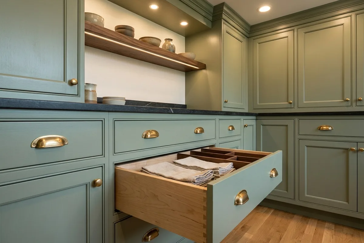 Sage green inset cabinets with beaded face frames, brass cup pulls and an open dovetailed drawer with walnut dividers
