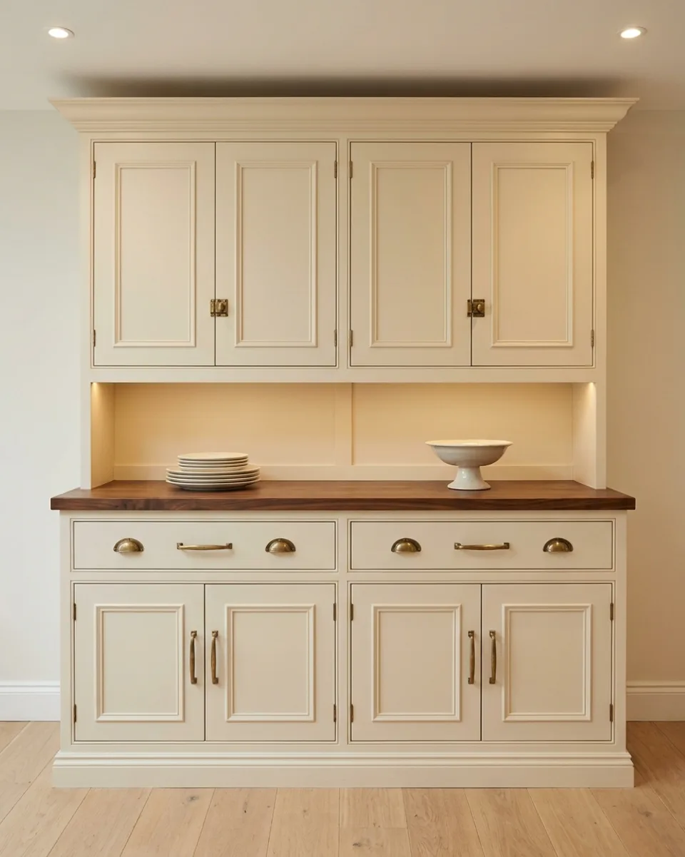 Built-in dining hutch in cream painted cabinetry with solid raised-panel doors, brass latches and a walnut counter