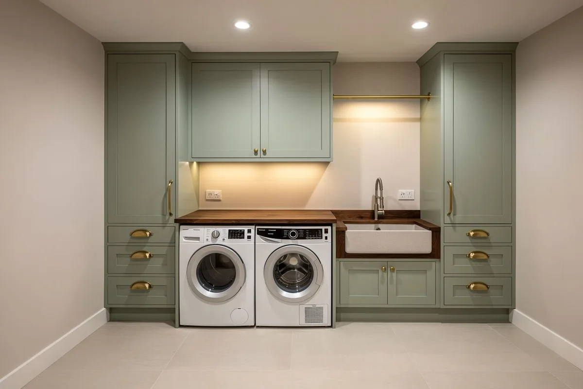Laundry room in sage shaker cabinetry with brass cup pulls, a walnut folding counter over the washer and dryer and an apron sink