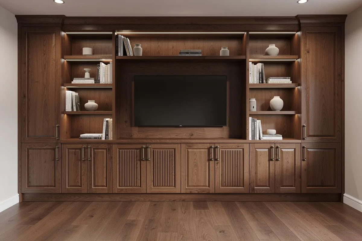 Media wall in walnut built-ins with fluted paneled doors, brass pulls, lit display shelves and a recessed television