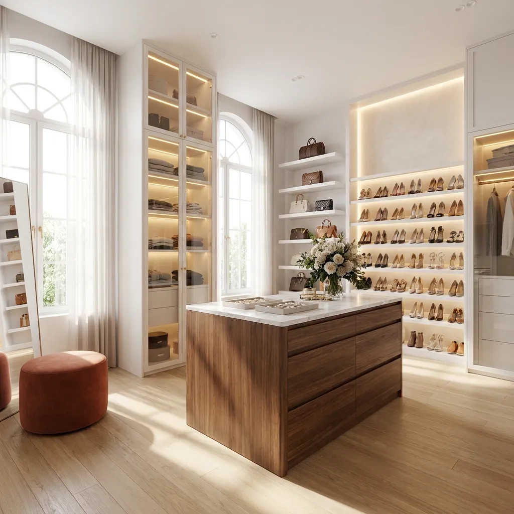 Modern white custom closet system with open shelving and hanging space