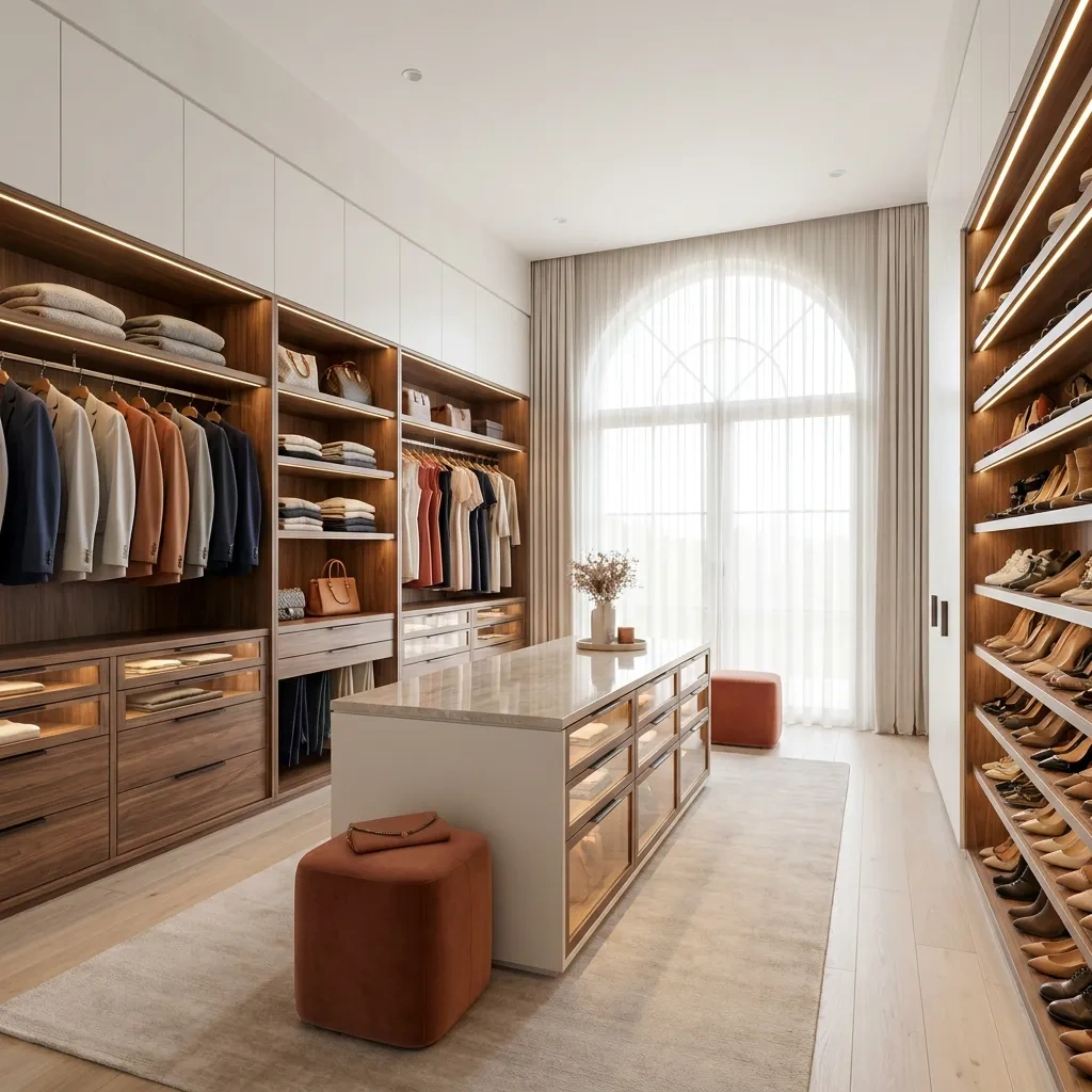 Luxury custom walk-in closet with island, warm wood and white cabinetry by National Closet Company