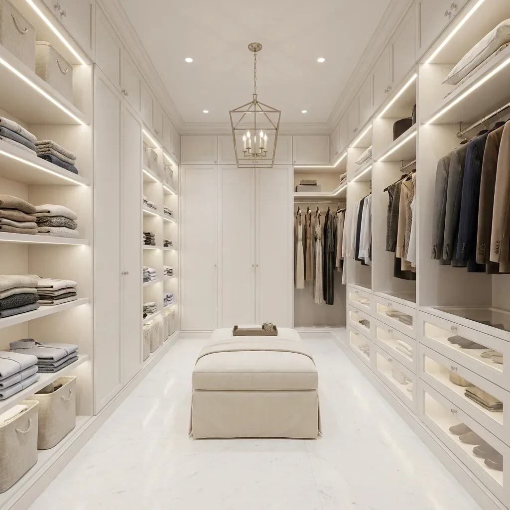 Bright custom white walk-in closet inspiration with open shelving, hanging sections and a center ottoman