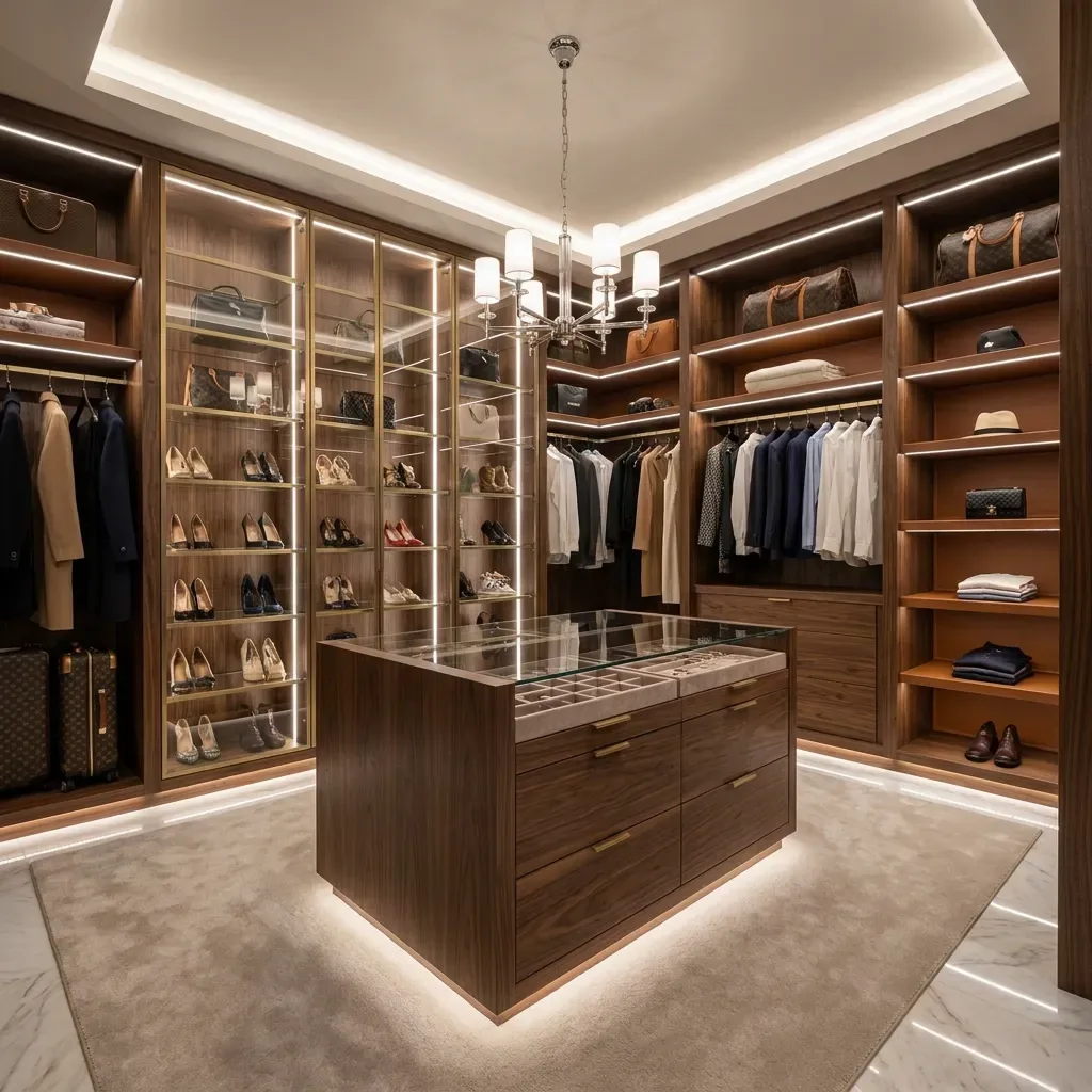 Luxury boutique walk-in closet inspiration with dark walnut cabinetry, a lit shoe wall and a center island