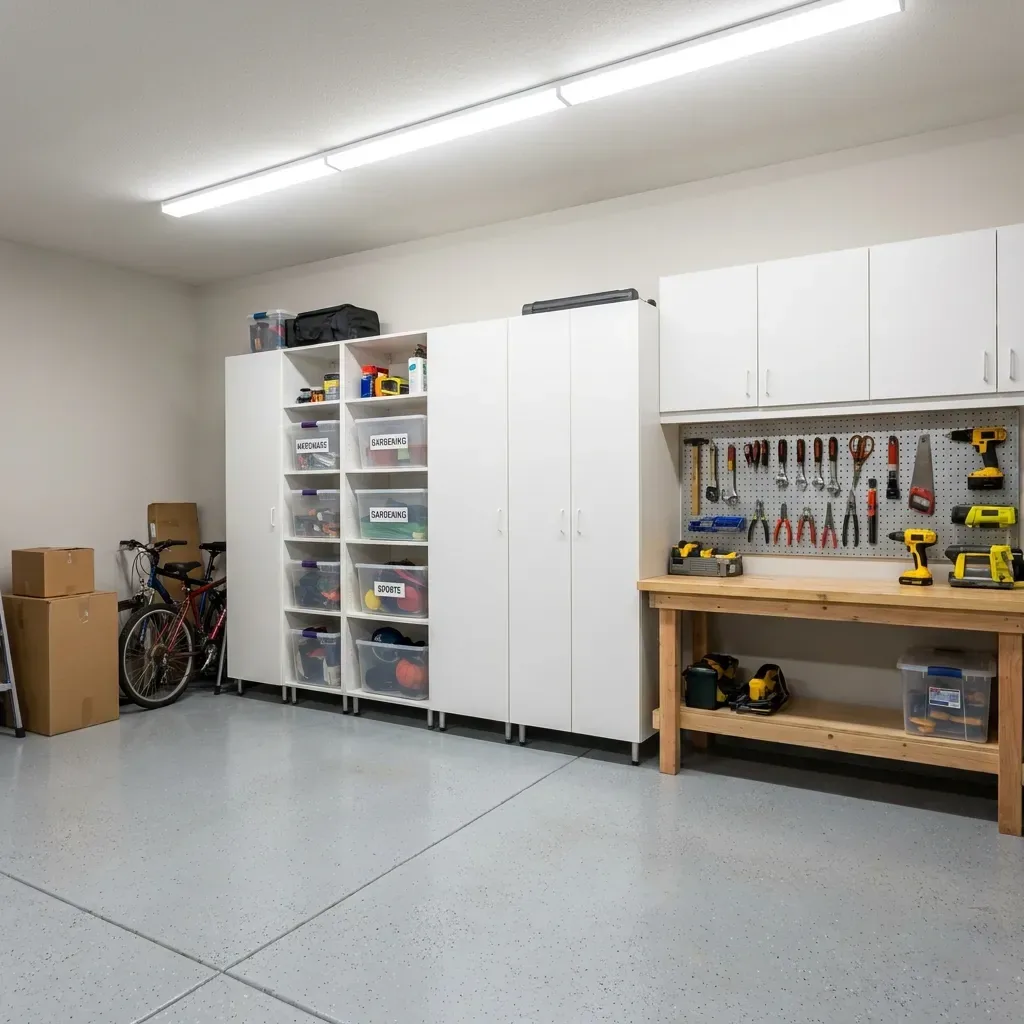 Realistic garage storage system with white wall cabinets, a workbench, pegboard tools and bin shelving