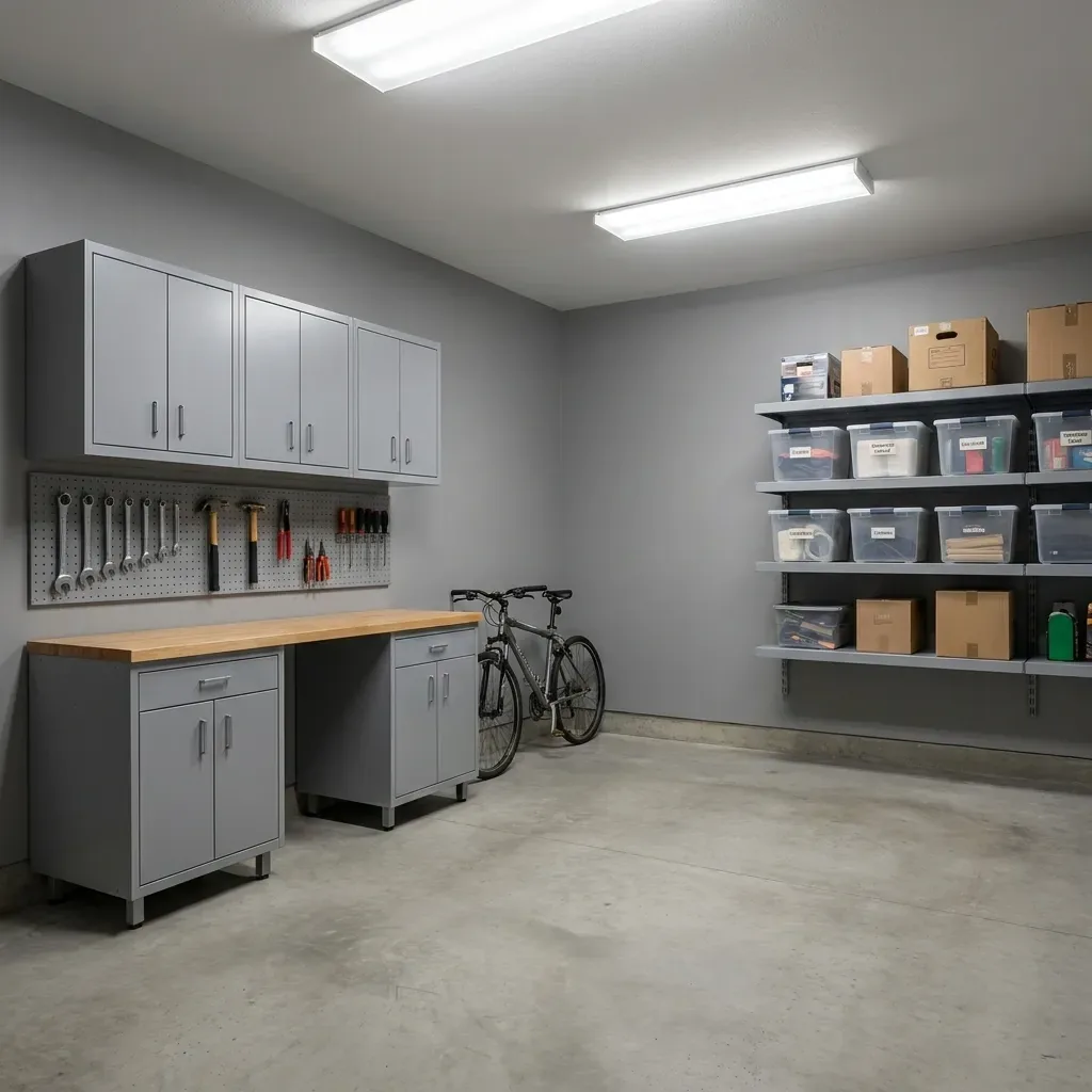 Realistic garage storage system with gray cabinets, a workbench and pegboard tools