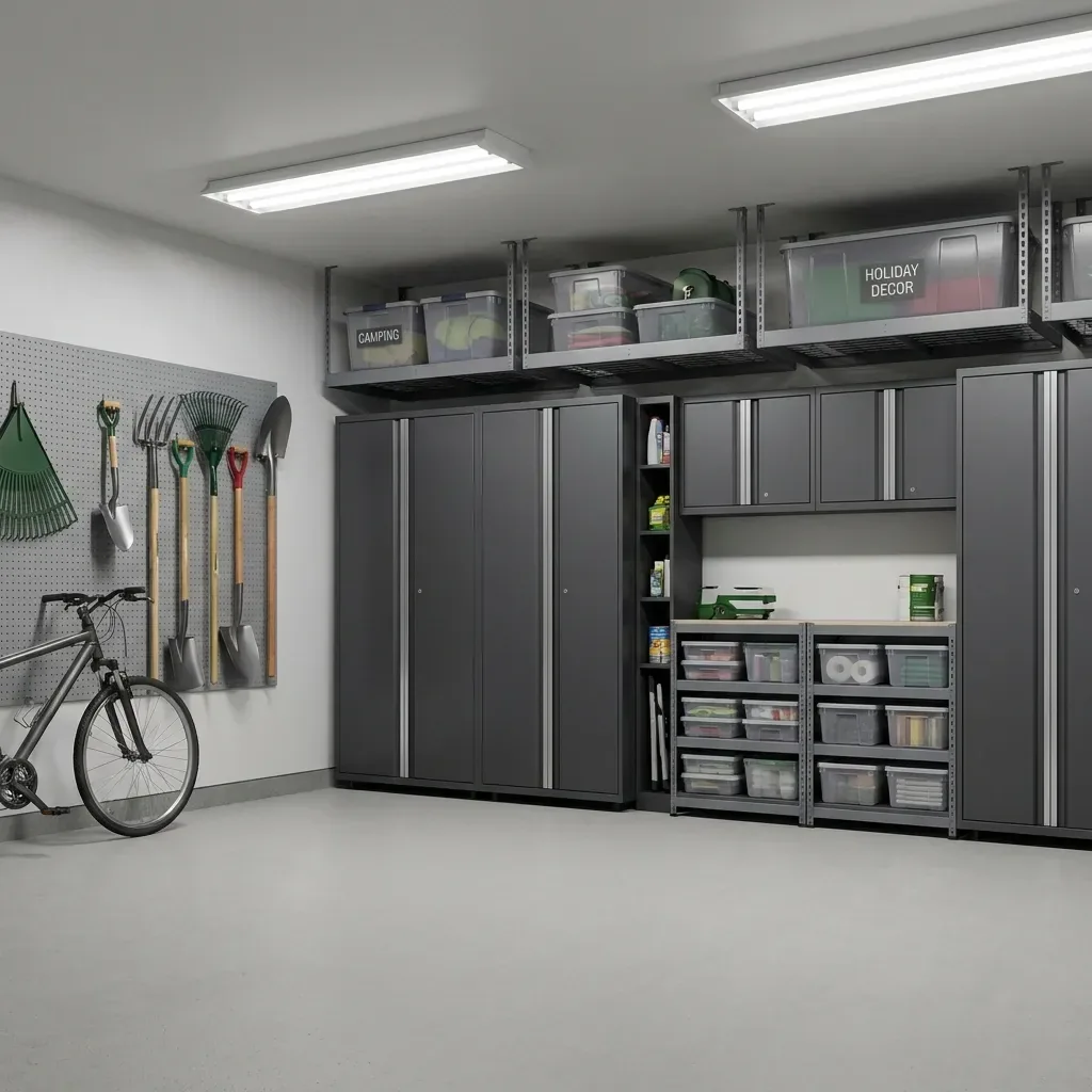 Organized garage with tall gray cabinets, gray overhead racks and labeled bins