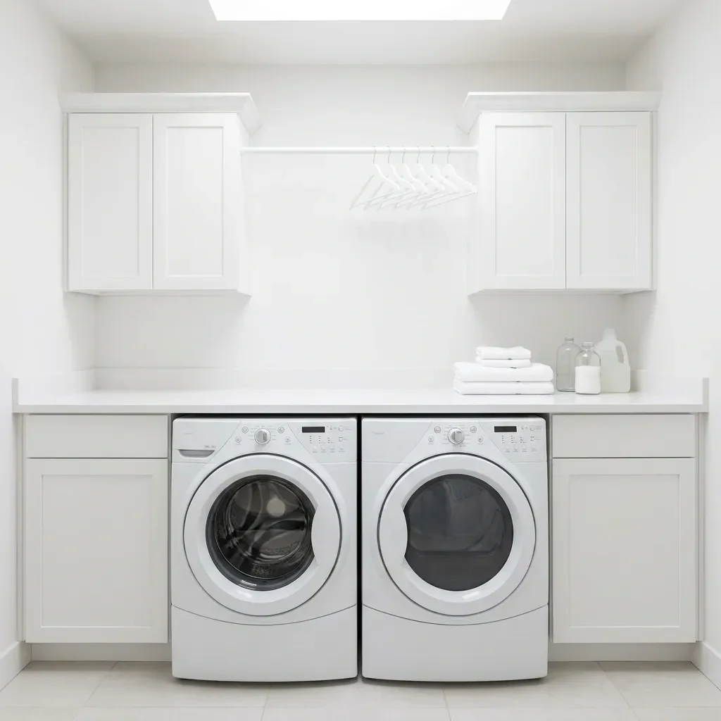 All-white galley laundry room with shaker-style upper cabinets, side-by-side washer and dryer under a white counter and a folding area