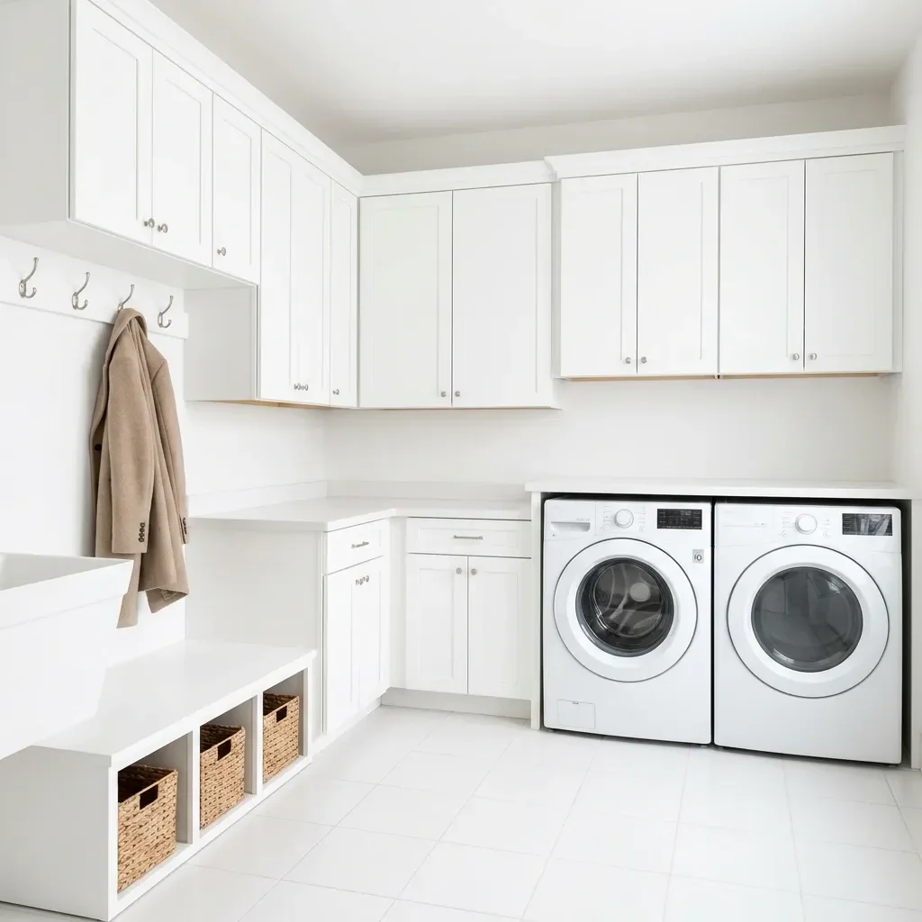All-white L-shaped laundry and mudroom with shaker-style cabinets, a utility sink, tall cabinet, hooks and a bench with baskets