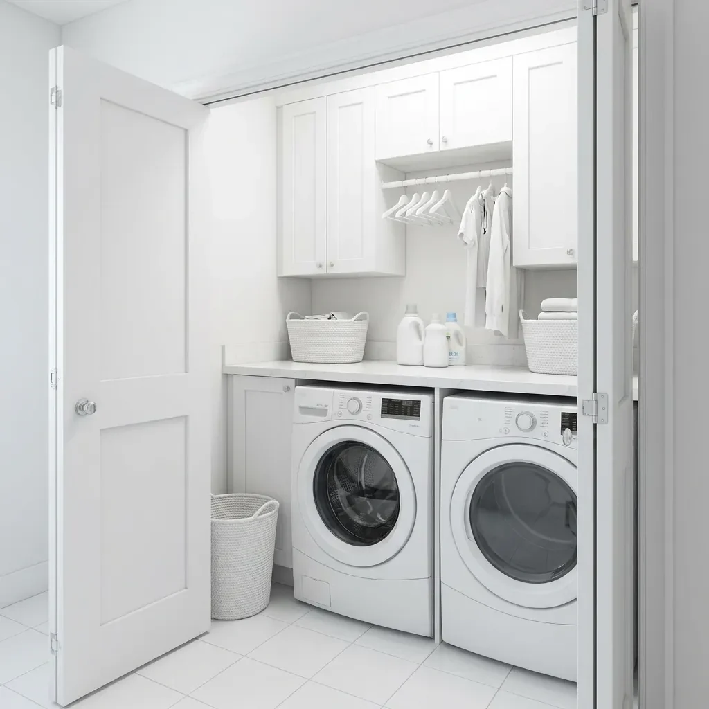 Compact all-white laundry closet behind an open bifold door with a side-by-side washer and dryer under a white counter, shaker-style upper cabinets and a hanging rod