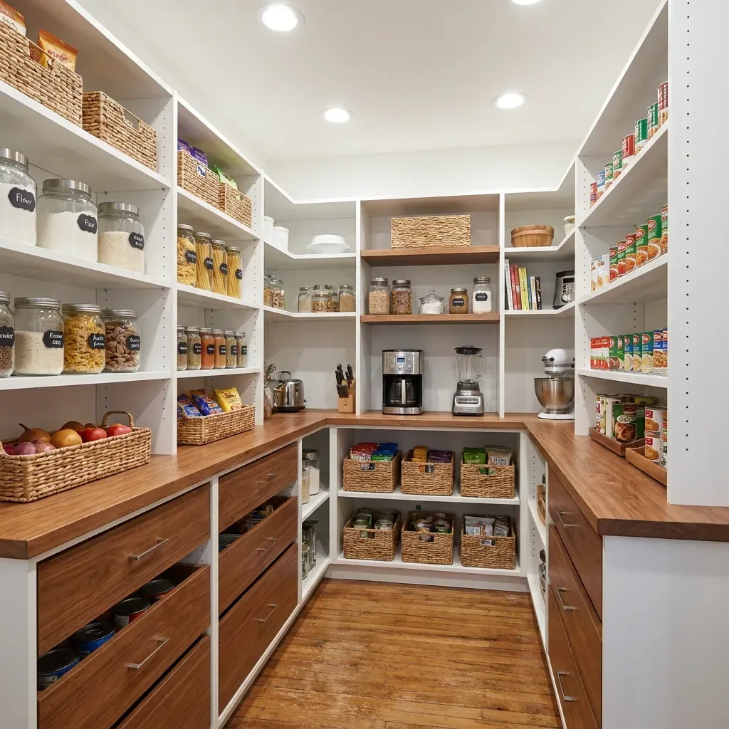Custom corner pantry inspiration with white and warm-wood adjustable shelving, stocked with organized food and baskets