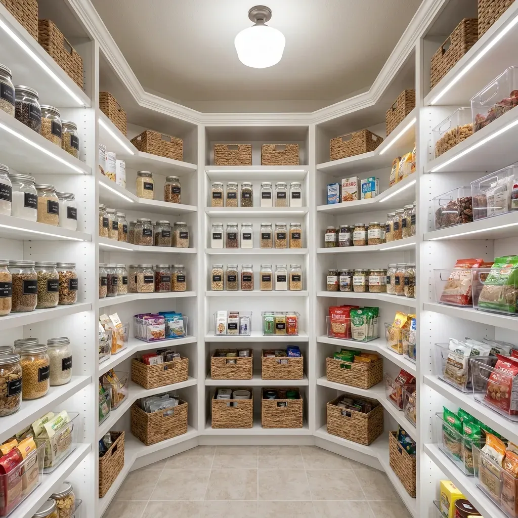 Custom wrap-around pantry inspiration with white shelving fully stocked with labeled jars and baskets