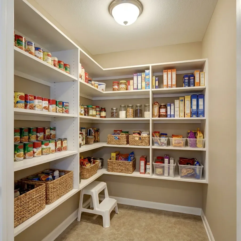 Everyday kitchen pantry with white adjustable shelves stocked with groceries, cans and baskets