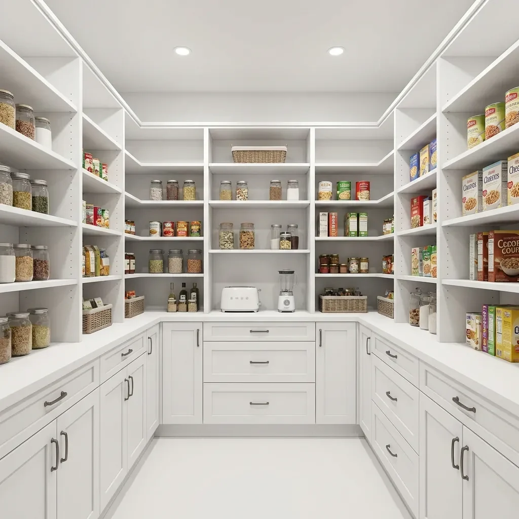 Large U-shaped all-white walk-in pantry with open shelves above and shaker-style lower cabinets, stocked with jars, cans and boxes