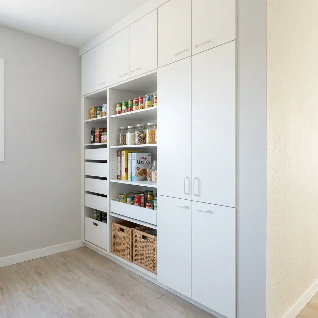 Small tall all-white reach-in pantry cabinet with pull-out drawers, canned goods, boxed food and baskets