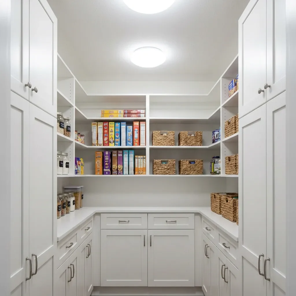 Medium galley all-white pantry on two walls with open upper shelving and shaker-style lower cabinets, jars, boxes and baskets