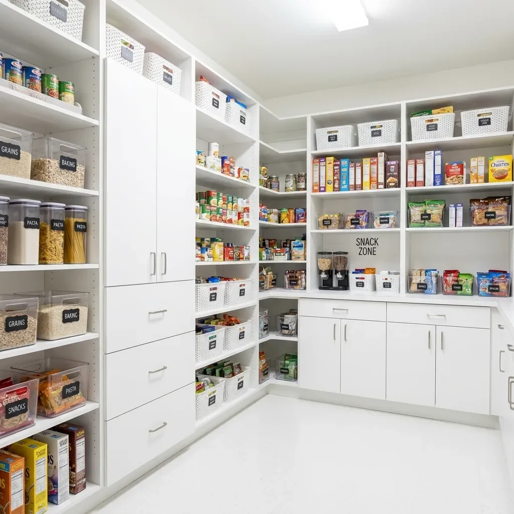 Large L-shaped all-white pantry with floor-to-ceiling shelving, labeled bins, baskets and boxed and canned food