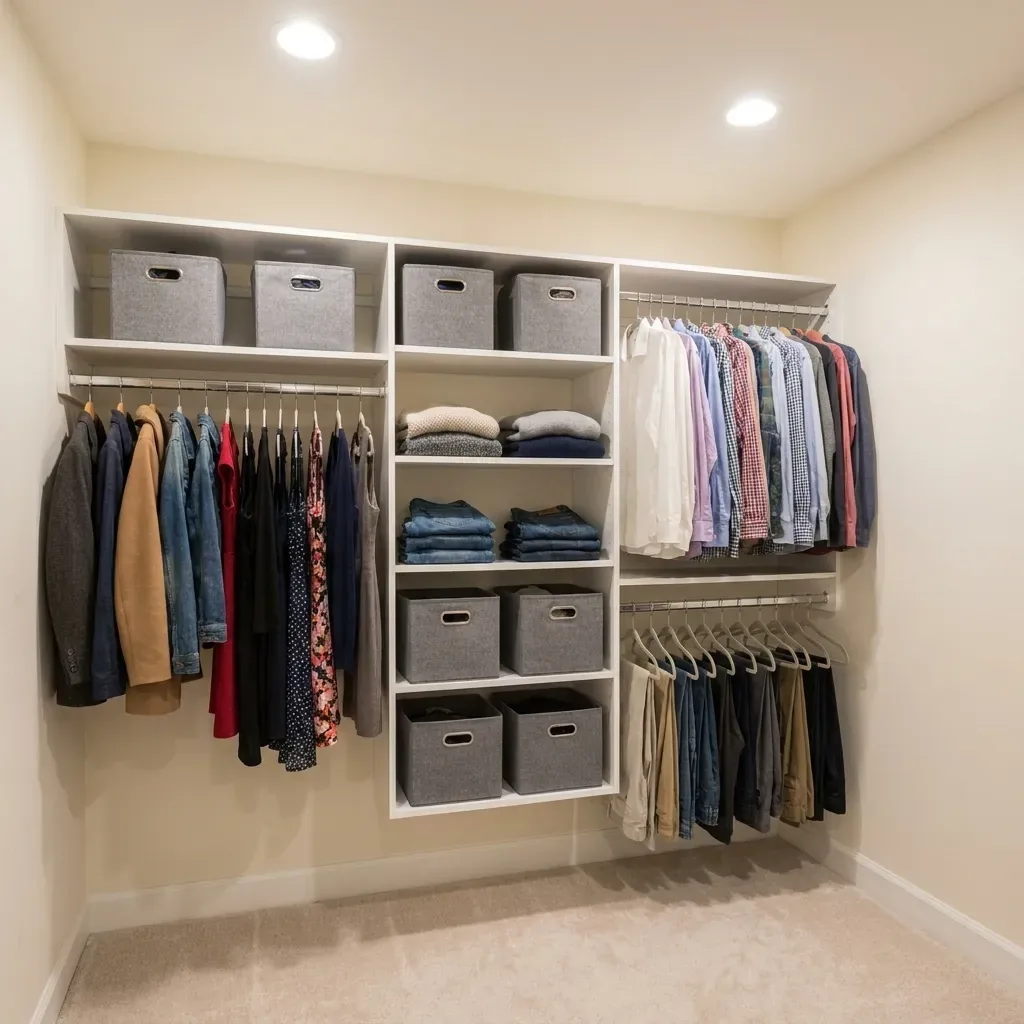 Reach-in closet with white shelving, storage bins and double-hang rods