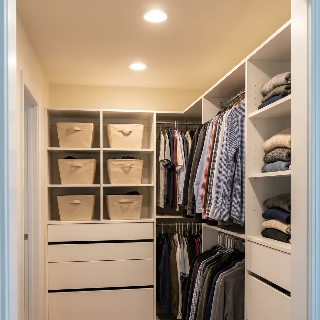 Reach-in family closet with solid white melamine cubbies, baskets, drawers and hanging clothes