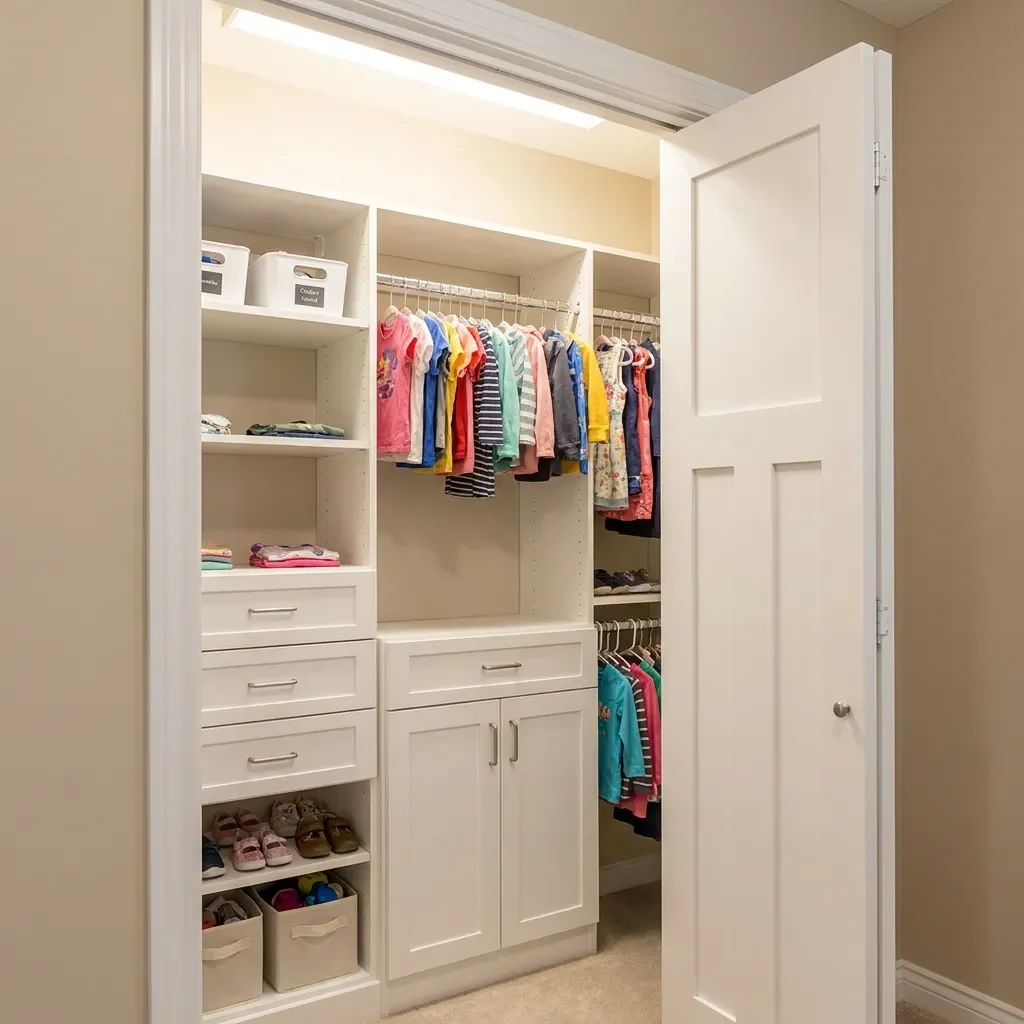 Small all-white reach-in closet behind an open bifold door with shaker-style drawers, double-hang rods and kids' clothing