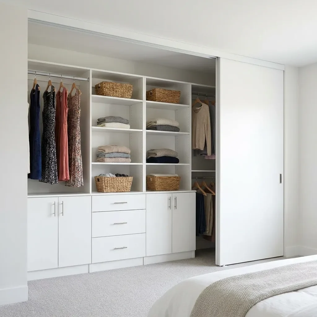 Wide wall-to-wall all-white reach-in closet with floor-based cabinets, women's dresses, folded sweaters and baskets