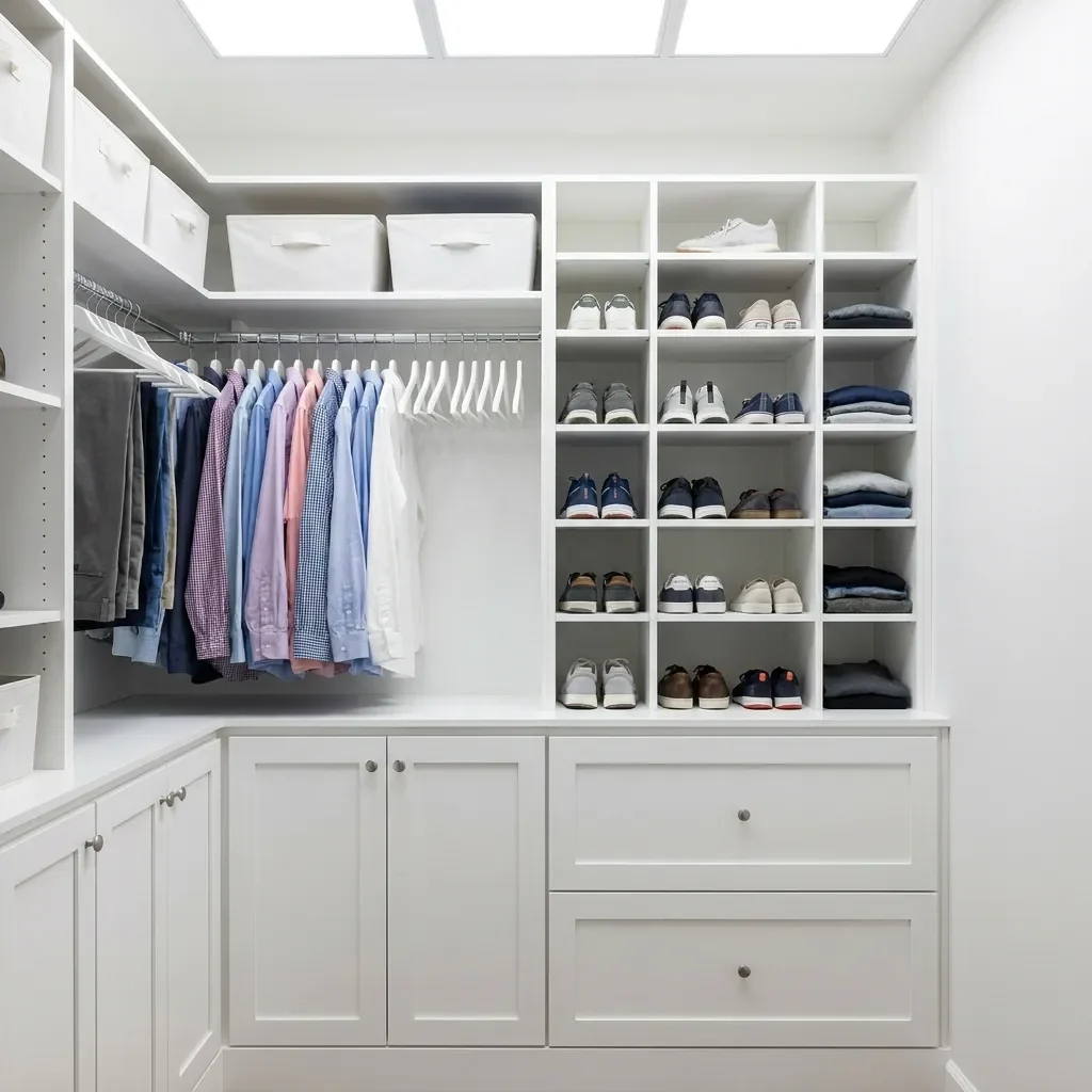 Medium all-white reach-in closet with shaker-style lower cabinets, hanging shirts, shoe cubbies and storage bins