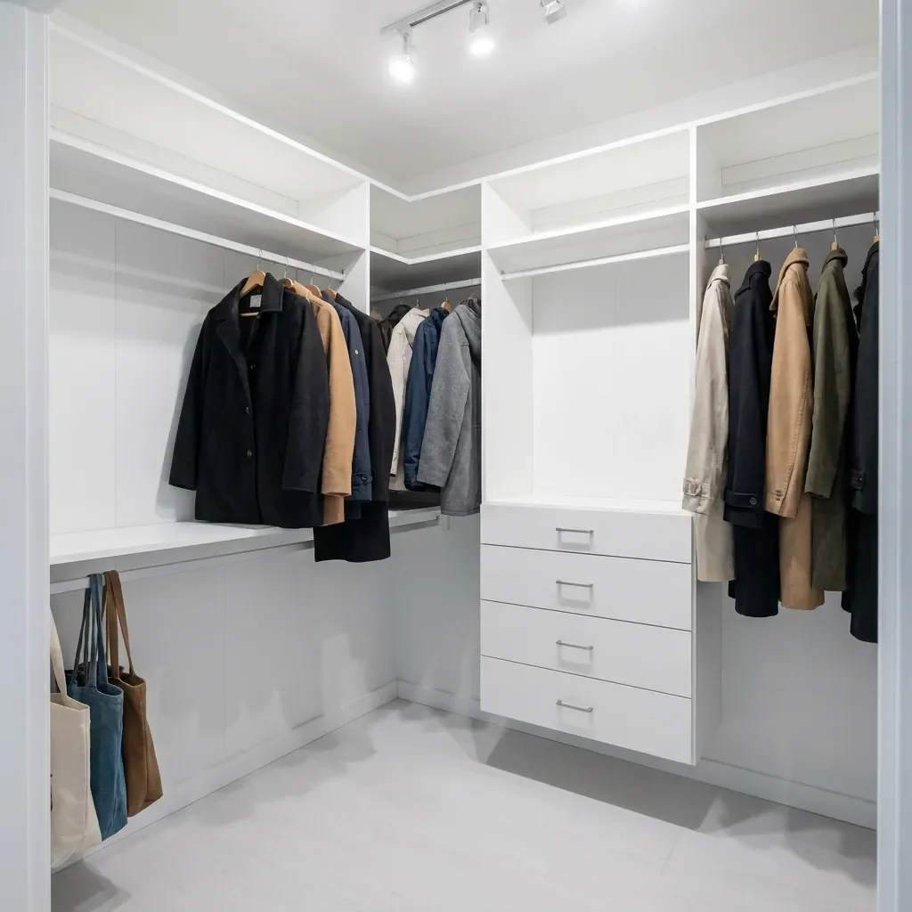 Small corner all-white wall-mounted reach-in closet with coats, tote bags and a bank of drawers