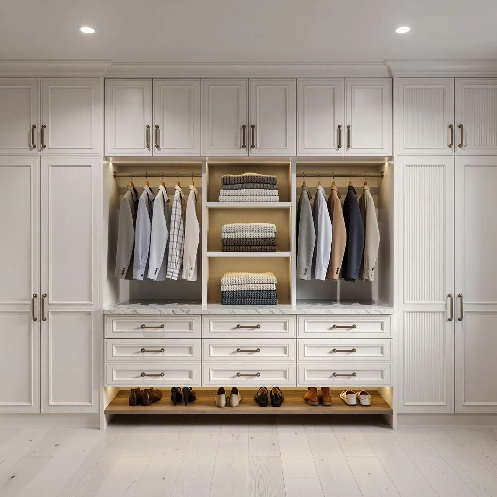 Reach-in closet in warm white shaker cabinetry with aged brass pulls, folded knits, hanging shirts and angled shoe shelves