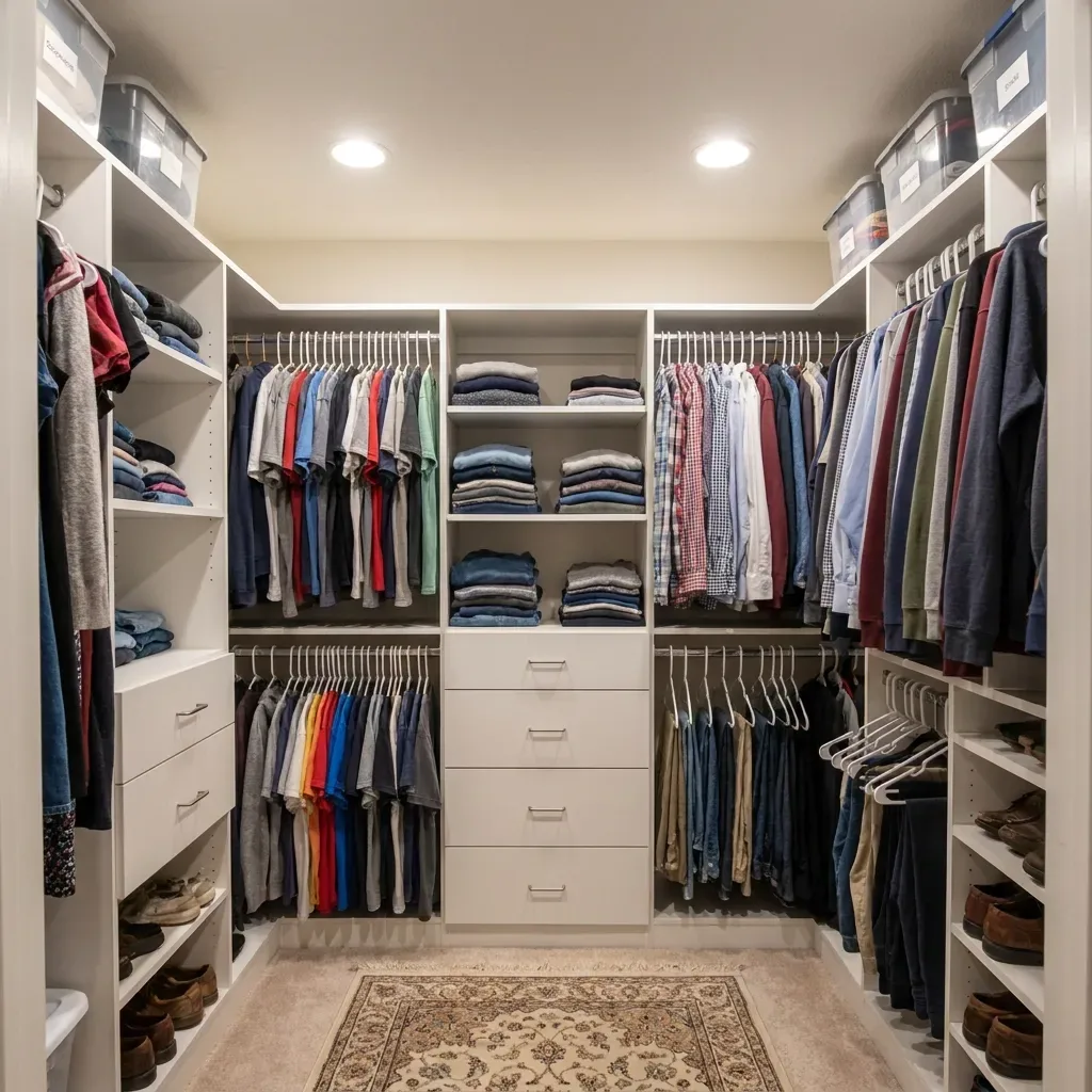 Practical custom walk-in closet with white shelving, drawers and shoe storage in an average-size room